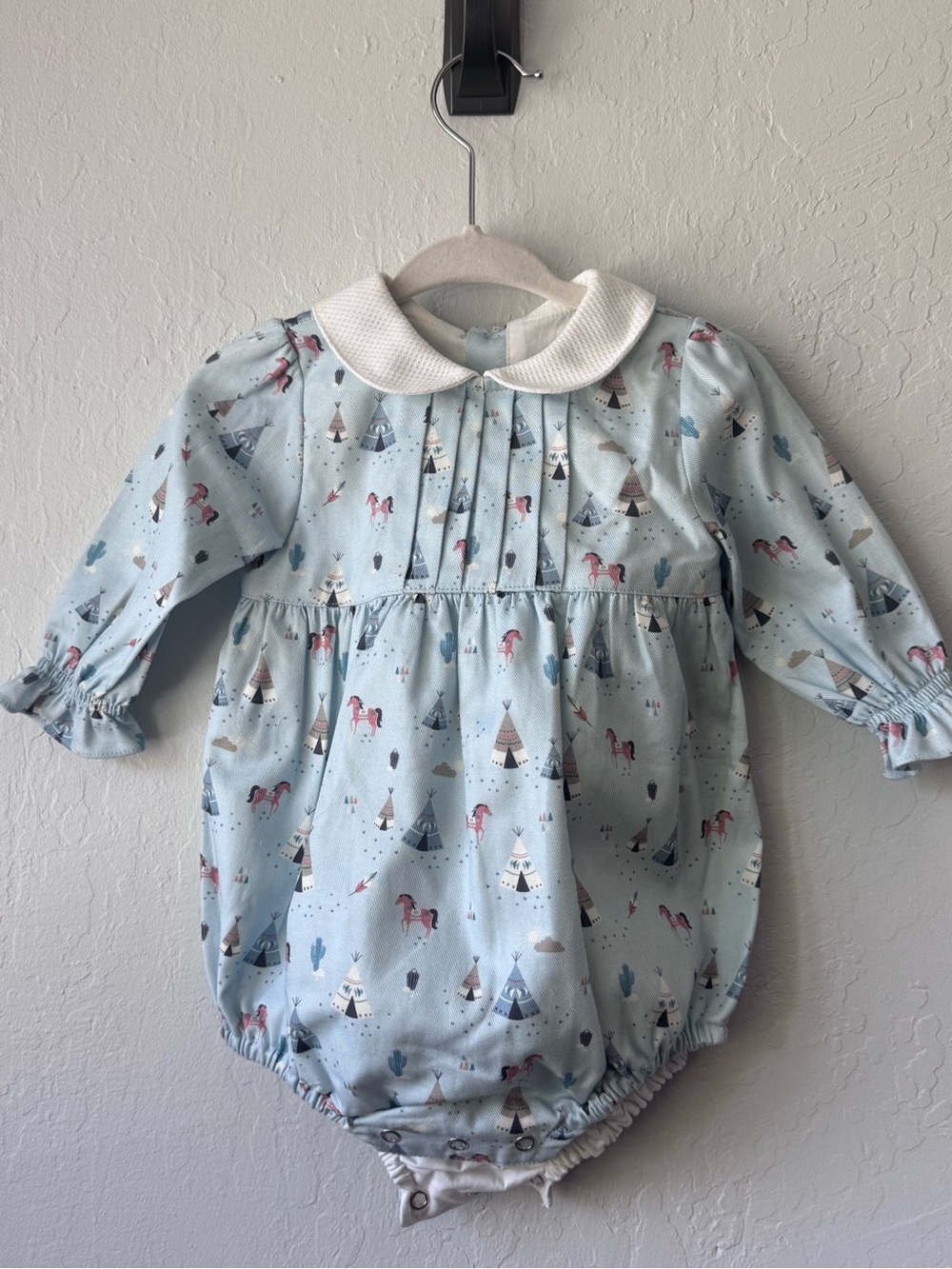 Baby One-Piece Romper with White Peter Pan Collar - Light Blue Print